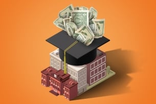 A picture of a housing complex with a graduation cap on top. Cash is being funneled into the complex to indicate it is overflowing with wealth.