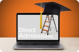 An image of a computer screen bearing the words "Direct Admissions" with a ladder and a graduation cap perched atop the screen