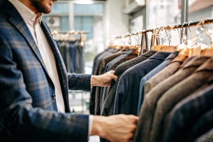 A man browses suit jacket options hanging on a rack.