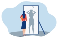 Woman in professional clothes looks at shadow of herself in mirror looking anxious with a question mark above her head