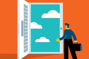 Man holding briefcase looks through open door to blue sky and white clouds