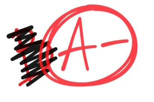 A scratched-out B next to an A-minus, circled in red, suggesting grade inflation.