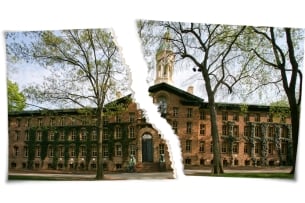 A photo of an academic building on Princeton University's campus ripped in half. 