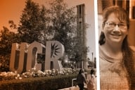 A photo illustration showing, on the left, UC Riverside's campus and, on the right, Andrea Smith.