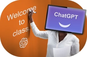 A person with a screen for a head displaying "ChatGPT" writes "welcome to class" on an orange wall.