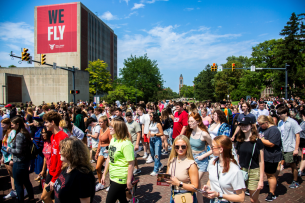 First-year students at Ball State University walk as a group