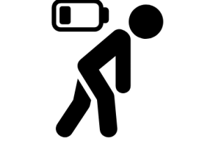 A line drawing of a person, hunched over and walking, as if exhausted. The inclusion of a "low battery" icon in the drawing drives the exhaustion point home.